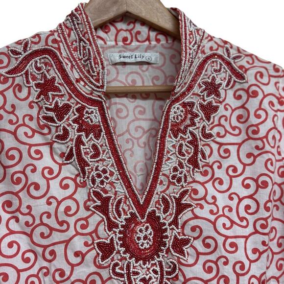 Sweet Lily Red White Embroidered Beaded Tunic Top Size Small - Picture 4 of 9